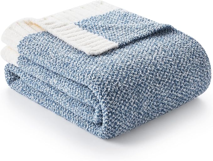 Snuggle Sac Blue Throw Blankets for Couch, Reversible Super Soft Warm Blankets Cozy Knit Blanket Fuzzy Plush Throws for Sofa, Bed, Gift, Heather Blue, 50 x 60 inches