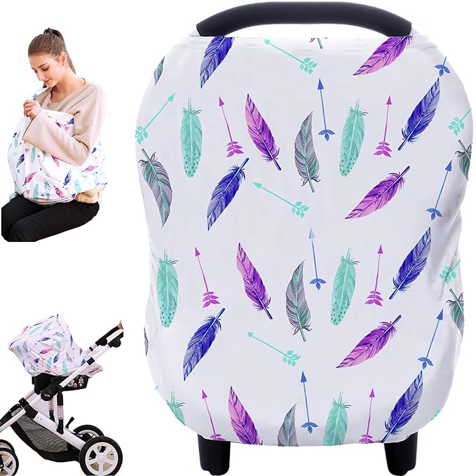 Carseat Canopy Covers for Breastfeeding - Baby Car Seat Covers Breastfeeding Cover Multi Use Boys and Girls Shower Gifts (Feather)