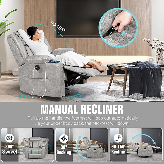 Retro Rocking Recliner Chair, Massage Rocker Recliner Chair with Vibration Massage and Heat, USB and Type-C Ports,360° Swivel Chairs, Living Room, Bedroom, Nursery, RV, Light Grey