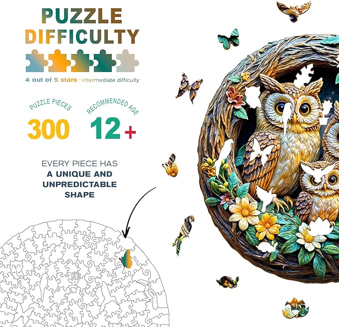 Wooden Puzzles for Adults - 3D Vision Effects Owl Family Wooden Jigsaw Puzzle - Unique Animal Shaped Wood Puzzles Adult - Creative Birthday Gift Family Game (300pcs)