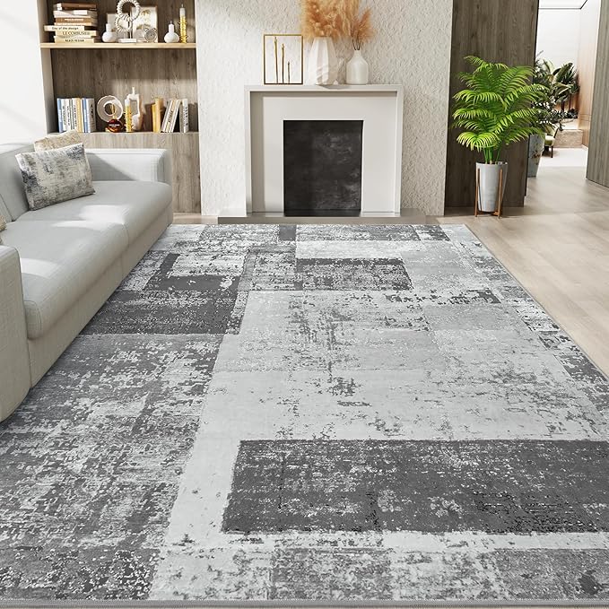 LOCHAS Rug for Living Room, Washable Soft Area Rugs for Bedroom 4x6, Abstract Carpet for Indoor Office Kids Dining Room Nursery Floor, Grey Geometric Vintage Home Decor, Non Slip, Pet Child Friendly