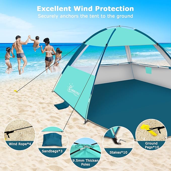 COMMOUDS Beach Tent Sun Shade for 3/4-5/6-7/8-10 Person, UPF 50+ Beach Sun Shelter Canopy Tent, Lightweight, Easy Set Up and Carry