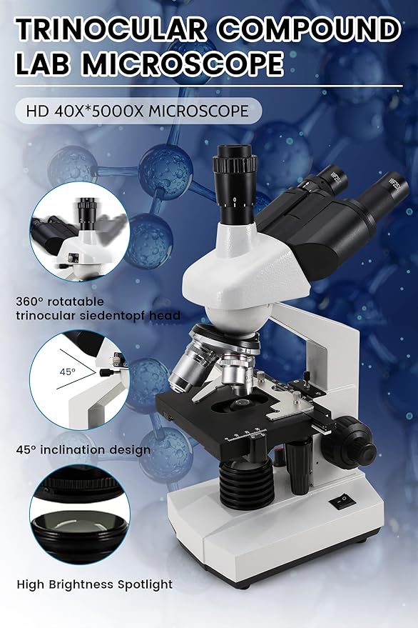 40X-5000X Compound trinocular Microscopes trinocular fo Adults, with 5.0 mp Camera with Microscope Slides 30p, Microscope Accessories, Microscopes Abbe Condenser