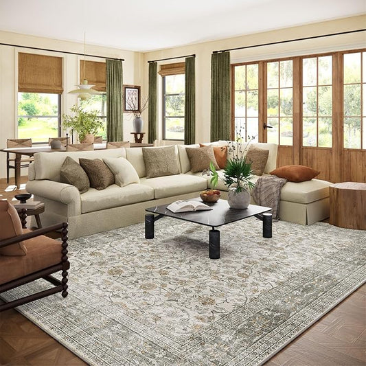 Machine Washable Rugs for Living Room: 8x10 Area Rugs for Bedroom Vintage Stain Resistant Non Slip Low Pile Soft Boho Carpet for Kitchen Dining Room Farmhouse Kids Room Nursery