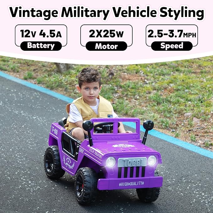 TOBBI 12V Kids Electric Ride On Car Toy, Children Battery Powered Truck to Drive, Motorized Vehicles for Toddlers 3-6 with with Off-Road Wheels/Suspension/Horn/LED Lights-Purple
