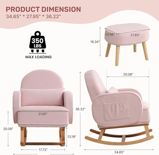 Rocking Chair Nursery with Ottoman, Upholstered Glider Rocker with High Backrest and Side Pocket, Rocking Accent Armchair with Solid Wood Legs for Nursery/Living Room/Bedroom Pink