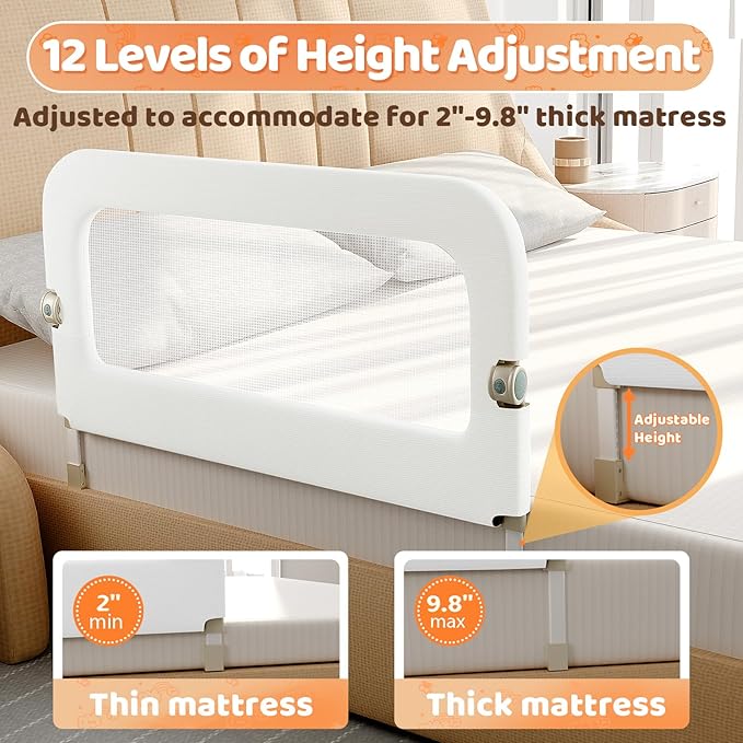 Bed Guard Rail for Toddlers - 32inch Folding up & Adjustable Heights Baby Bed Safety Rails - Portable Toddler Bed Barrier Railing Guard for Kids Twin, Bunk, Queen, Full Size Bed