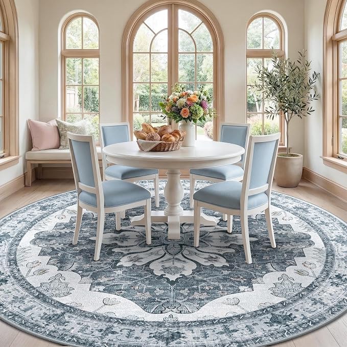 RELEANY Area Rugs Round 8ft Washable Non-Slip, Floral Vintage Distress Print - Image 2