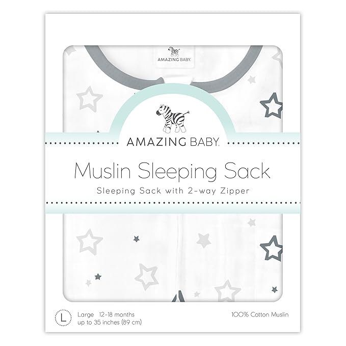 Amazing Baby Cotton Muslin Sleeping Sack, For Baby Boy or Girl, Wearable Blanket with 2-way Zipper, Stars, Sterling, Large (12-18 Month)