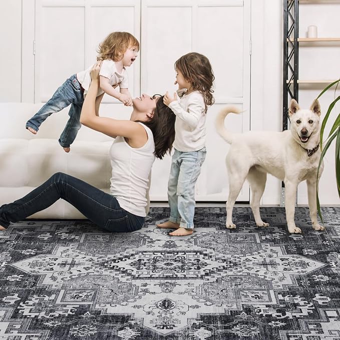 9x12 Area Rug Living Room Rugs, Stain Resistant Washable Rug, Vintage Large Non-Slip Backing, Low Pile Lightweight Print Rug for Bedroom Dinning Room Home Office (Medium Gray)