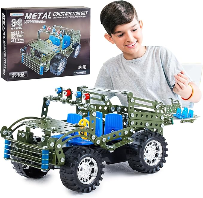 Stem Toys for Boys Age 8-12 - Off-Road Metal Model Car Kits, 283pcs Stem Building Toys Kits, Army Toy for 8-10，STEM Projects for Kids 10-12, 12-14 Engineering Gifts for Ages 14 and Up Adults