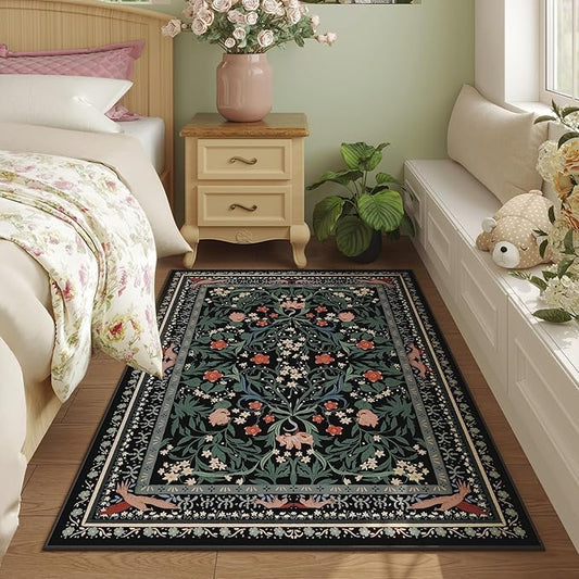 Bedroom Rug 3x5 Rug Washable Area Rug Non Slip Low Pile Vintage Floral Botanical Small Carpet for Bedroom, Bedside, Kitchen, Entryway, Kids Room, Office, Black