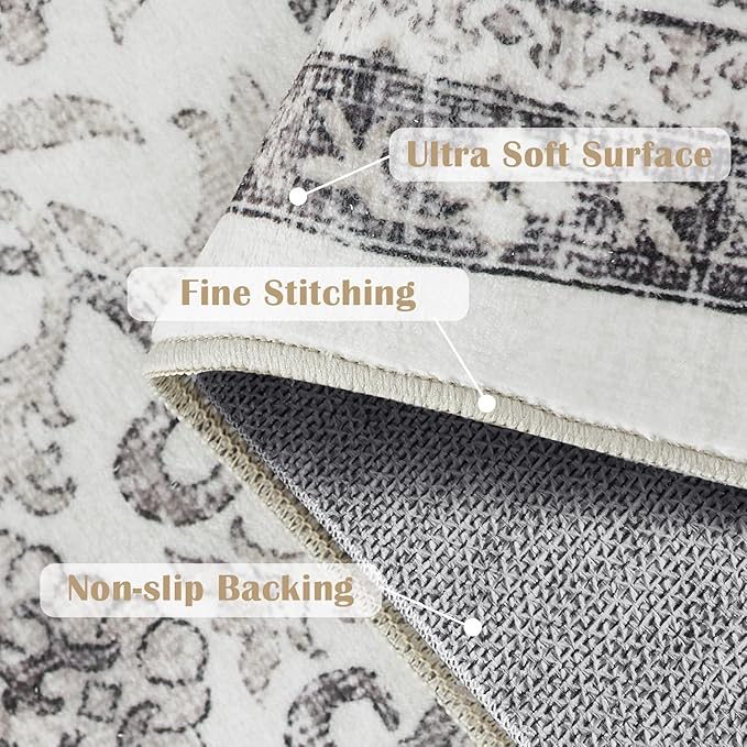 jinchan Hallway Runner Rug 2x10 - Machine Washable Beige Vintage Floral Distressed Design Soft Non-Slip Low-Pile Ultra-Thin Runner Rug for Kitchen Laundry Room Bedroom Farmhouse (2‘x10',Beige)