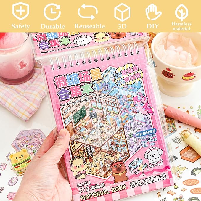 Scene Sticker Book for Kids,20 Sets of 3D Sticker Scenes for Adults Fun Mini Cute Kawaii Stickers Therapy 3D Scenes 3D House Stickers Set Relief Stress Pass The Time