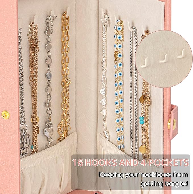 AKOZLIN Jewelry Box Organizer Functional Leather Jewelry Storage Case for Women Girls Ring Necklace Earring Bracelet Holder Organizer with Mirror Pink