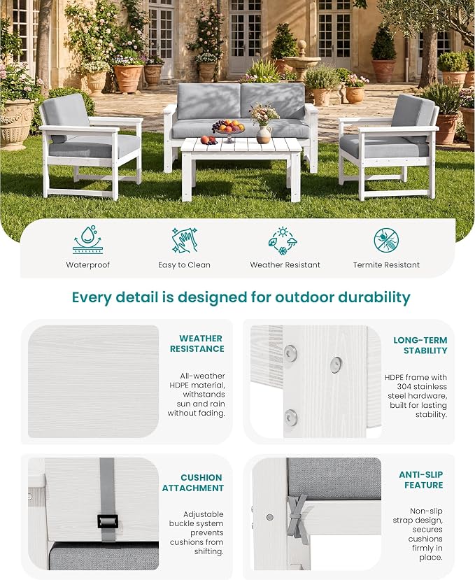 SERWALL 3 Pieces HDPE Outdoor Sofa Bistro Set - Image 4