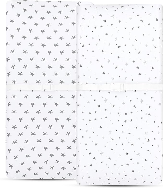 Ely’s & Co. Patent Pending Waterproof Changing Pad Cover|Cradle Sheet 2-Pack Set for Baby Boy - 100% Cotton, Jersey Knit Cotton Sheets with Waterproof Lining — Grey Stars