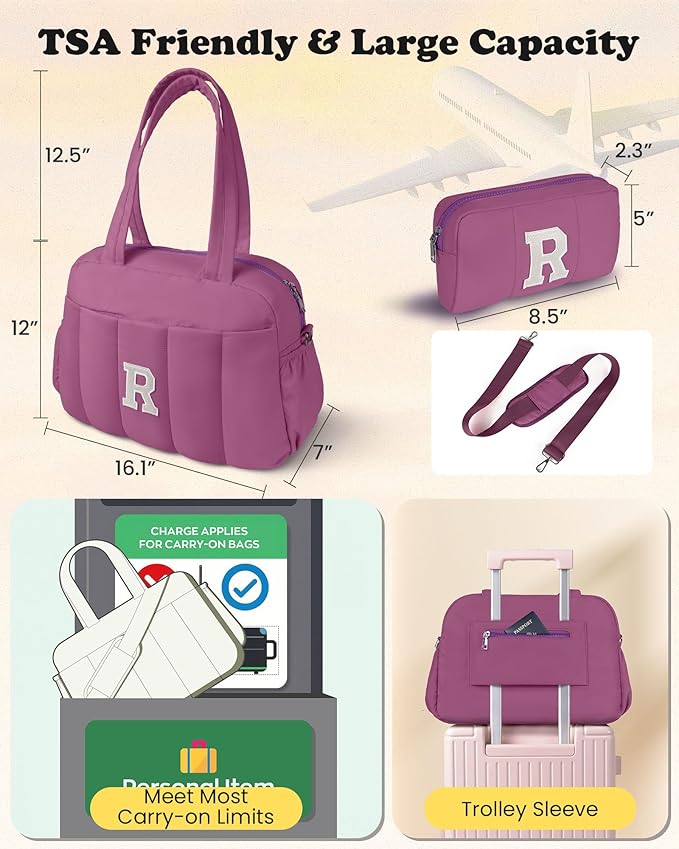 Duffle Bag with Initial, Spend The Night Bags for Women，Overnight Bag with Wet Pocket，Gifts for Women-Lightweight Travel Bags Personalized Gym Tote with Makeup Pouch