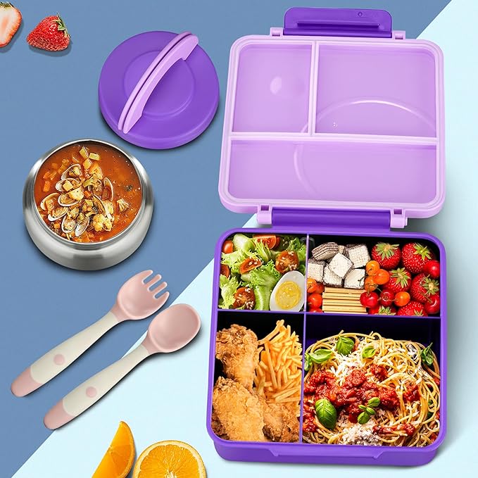 Bento Lunch Box for Kids with 8oz Soup Thermo&Lunch Bag, Leak-Proof Lunch Food Containers with 4 Compartment, Hot Food Insulated Food Jar for Kids School (Purple)