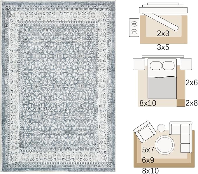 jinchan Floral 2x3 Rugs for Entryway - Machine Washable Grey Vintage Distressed Boho Design Soft Faux Wool Small Non-Slip Doormat for Entrance Kitchen Living Room Bedroom Farmhouse (2‘x3',Grey)