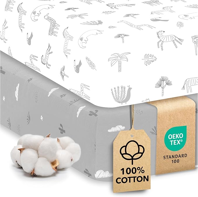 Sweety Fox 2-Pack Cotton Jersey Crib Sheets – Soft Fitted Sheets for Boys and Girls, Mini Crib Sheets, Toddler Bed Sheets (Savanna)