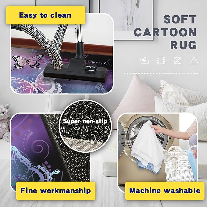 Beautiful Butterfly Fantasy Rug for Playroom Girls Bedroom Colorful Rainbow Butterfly Decor Area Carpet 2x3 Purple Mat 3D Printed Non-Slip Washable