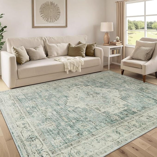 LIVEBOX Washable Area Rug 5x7 Rugs for Living Room Bedroom, Non-Slip Boho Indoor Carpet for Dining Room Office, Low-Pile Farmhouse Soft Carpets for Kids Nursery Playroom, Sage Green