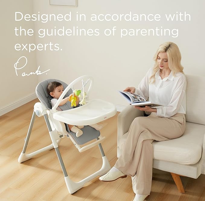 KÜB 3-in-1 Foldable Baby High Chair, 7 Height & 4 Recline Adjustable Seat & Tray for Easy Clean, 2 Locking Wheels, Multifunctional Infant High Chairs for Babies and Toddlers (Grey, with Toys)