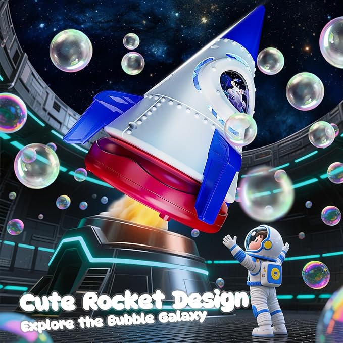 Rocket Bubble Machine for Kids with Lights, 360° Rotating Bubble Blower Toy with 10 Refill Solutions, Bubble Maker for Toddlers, Fun Outdoor Party Gift for Boys & Girls Blue