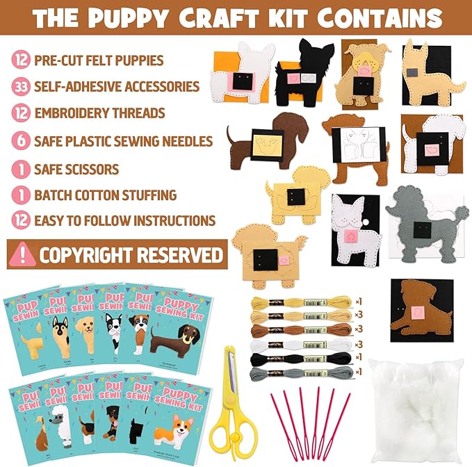 CiyvoLyeen Puppy Craft Kit Kids DIY Crafting and Sewing Set Dog Stuffed Animal Felt Plushie for Girls and Boys Educational Beginners Sewing Set Sewing Kits for Kids Age 8 9 10 11 12