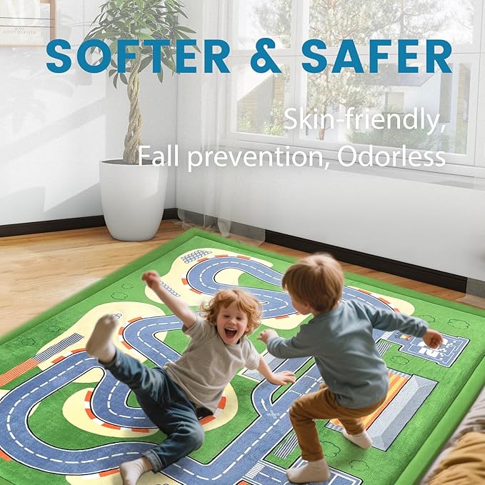 Kids Play Rug, 1.3" Thickened Knee Protection Playmat 39"×59" Car Mat for Track Racing Non-Slip Educational Activity Mat Toddler Rugs for Play Area