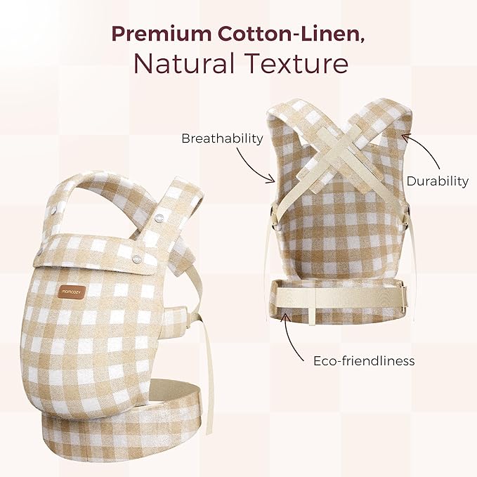 Momcozy Baby Carrier with Natural Cotton Linen, Built to Last, Ergonomic Design, Lightweight and Comfortable, Hands-Free for Moms&Dads, Brown Checkerboard