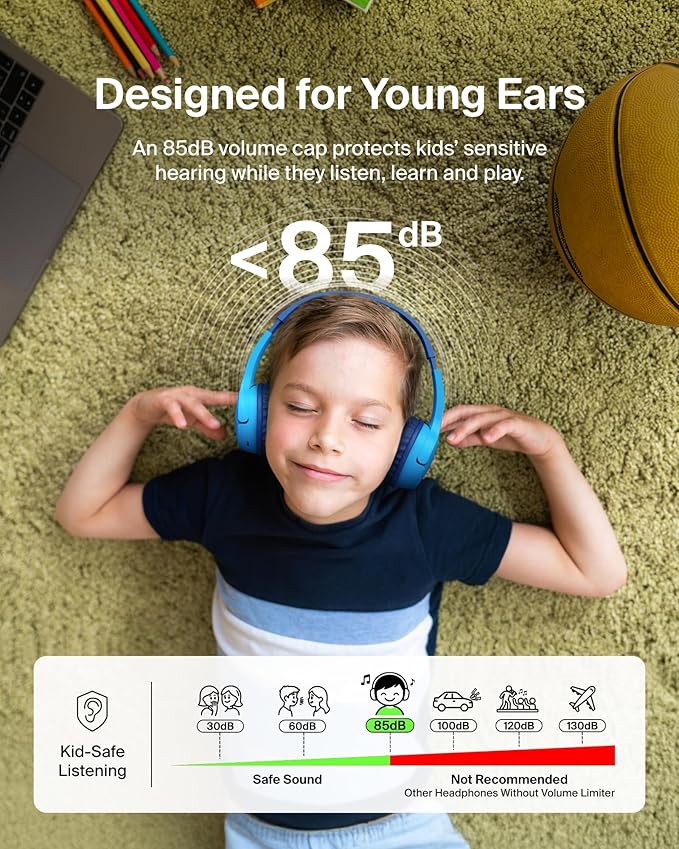 Belkin SoundForm Mini - Wireless Bluetooth Kids Headphones, 30H Battery, 85dB Safe Volume Limit, Built-in Microphone - Toddler On-Ear Earphones for iPhone, iPad - Ideal for School - Blue w/Case