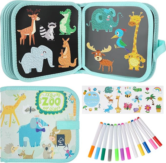 Erasable Doodle Set for Kids - Reusable Magic Drawing Book with 12 Watercolor Pens 14 Page Drawing, Road Trip Car Game Writing Painting Set for Boys and Girls