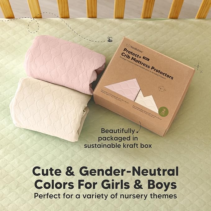 Waterproof Crib Mattress Protector Cover Fitted - 2-Pack Quiet Baby Crib Mattress Pad Sheets, 52" x 28" Soft Quilted Cotton Baby Sheet, Machine Washable, Easy Fit, Durable (Cameo/Mavy)