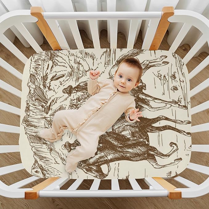 Western Desert Cowboy Crib Sheets for Boys and Girls, Fitted Baby Crib Sheets Soft and Breathable Mini Crib Sheets 39 X 27 Inches