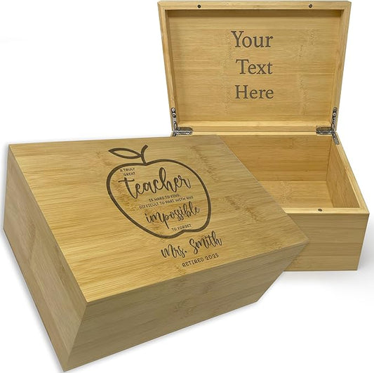 Teacher Retirement Gifts For Women - Personalized Memory Box, Teacher Appreciation Gifts for Coworker, Farewell Gift for Teachers, Keepsake Chest Bamboo Wood, Custom Engraved Design, 11 x 8 x 4,75 in