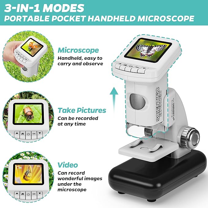 Rechargeable Digital Microscope for Kids 1200X - 2'' LCD Screen STEM Toy with 32G SD Card for Photo/Video, Portable Pocket Microscope for Boys Girls Ages 6,7,8-12, Science Kit Gift Birthday Christmas