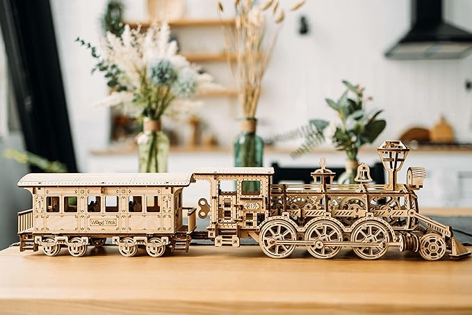 Wood Trick Wooden Toy Train Set with Railway - 34x7″ - Locomotive Train Toy Mechanical Model Kit - 3D Wooden Puzzles for Adults and Kids to Build - Engineering DIY Models for Adults to Build