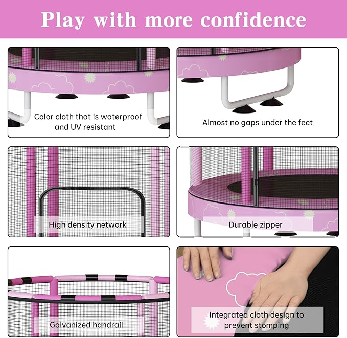 LAMERGE 55" 7-in-1 Round Trampoline for Kids Boys & Girls Ages 1-8, Indoor & Outdoor Trampoline for Fun, Adjustable Height Handrail ＆ Enclosed Safety Net ＆ Durable Designs for Toddlers Children