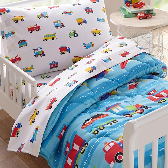 Wildkin Toddler Bed in a Bag – 4-Piece Microfiber Bedding Set with Comforter, Pillowcase & Sheets - Trains, Planes, and Trucks