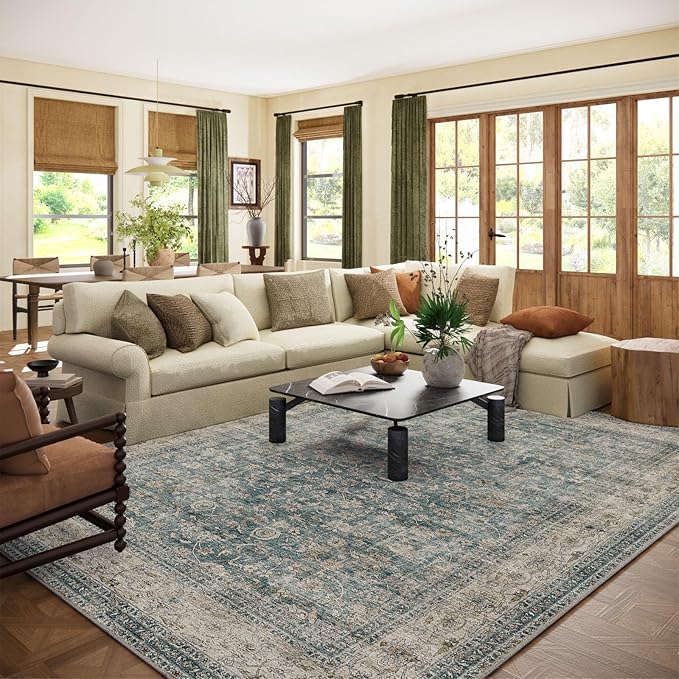 Machine Washable Living Room Rug: 8x10 Area Rugs for Bedroom Vintage Stain Resistant Non Slip Low Pile Lightweight Boho Carpet for Kitchen Dining Room Farmhouse Kids Room Nursery