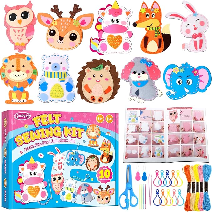 Funtopia Sewing Kit for Kids, 10 Easy DIY Projects of Stuffed Animal with Guiding Book, Beginners Sewing Toys and Birthday Gift for Girls Boys, Felt Arts and Crafts for Kids Ages 5-8 8-12