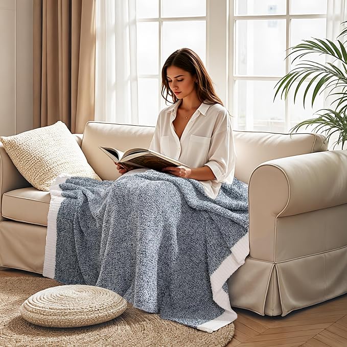 NEXHOME PRO Soft Throw Blankets for Couch, Reversible Warm Blankets Cozy Knit Blanket for Women, Fuzzy Plush Lightweight Throws for Sofa, Bed, Picnic, Navy, 50 x 60 inches