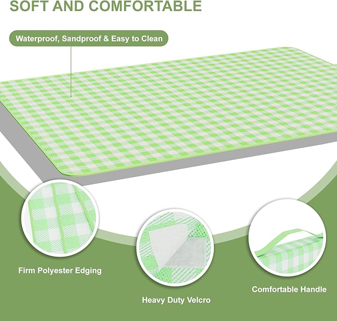 UDEAR Foldable Picnic Blanket,80"x80" Waterproof, Sandproof, Portable with Tote Bag for Beach, Park, Camping, and Travel,Green Plaid