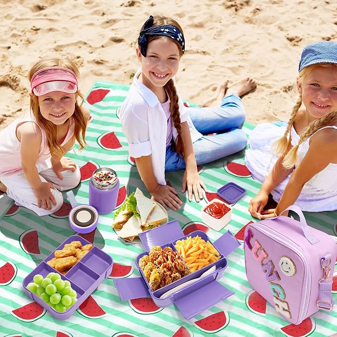 Preppy Lunch Box for Girls with 10oz Thermo, with 6 Compartment Bento Box, Purple Nylon Insulated Lunch Bag Adjustable Strap for Girl Kids Teens School Travel Picnic