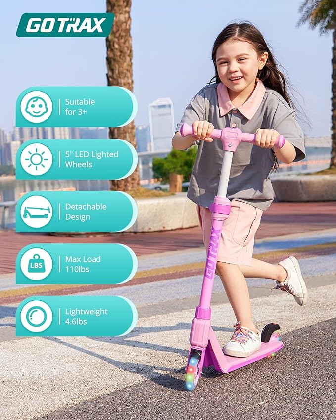 Gotrax K03 Kick Scooter for Kids, 5" LED RGB Lighted Wheels, 4.6 Lbs Lightweight and One-Click Detachable Design, Height Adjustable Handlebars, Anti-Slip Deck and Max Load 110 Lbs for Boy&Girl Age 3+