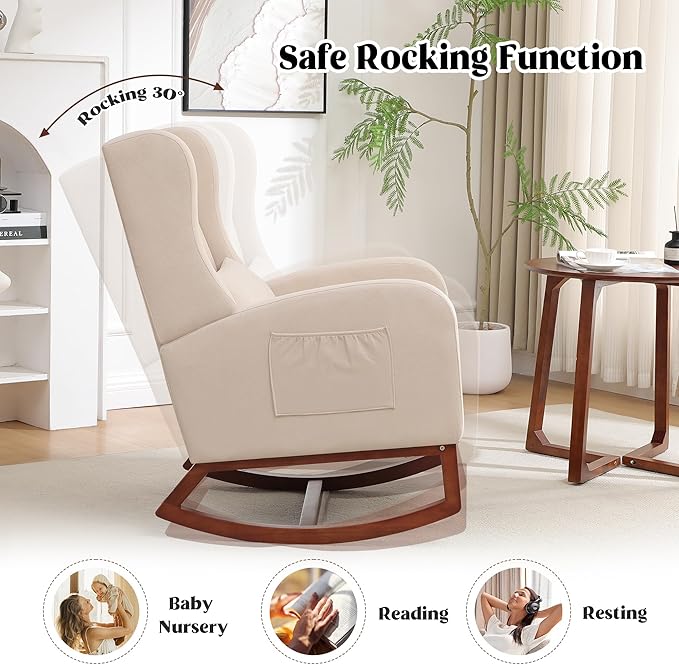 Rocking Chair Nursery, Nursery Rocking Chairs with Foot Rest, Comfy Fabric Glider Rocker Nursing Chair with High Back for Nursing, Living Room, Bedroom, Beige