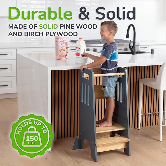 Toddler Tower with a Sliding Door and 3 Adjustable Heights - Complete Toddler Kitchen Stool Helper with Support Feet - Safe Design for 18+ Months to 6-Year-Old Kids - Gray