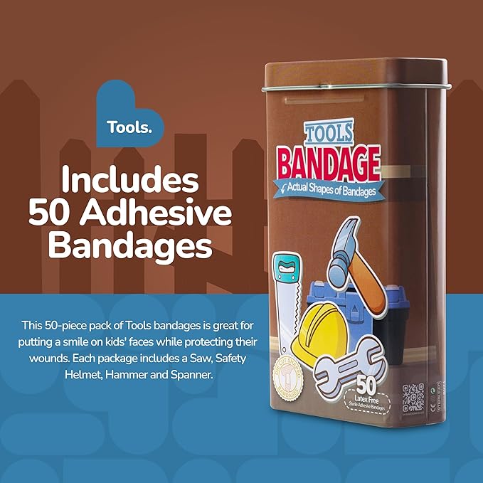 BioSwiss Bandages, Tools Shaped Self Adhesive Bandage, Latex Free Sterile Wound Care, Fun First Aid Kit Supplies for Kids and Adults, 50 Count